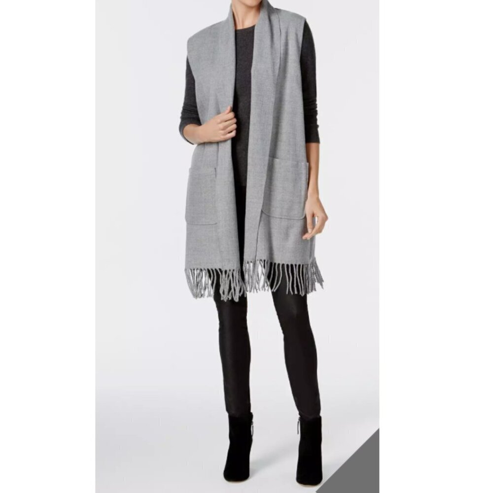 Cejon Milanese Gray Open Front Vest with Fringe Hem Sz L/XL
